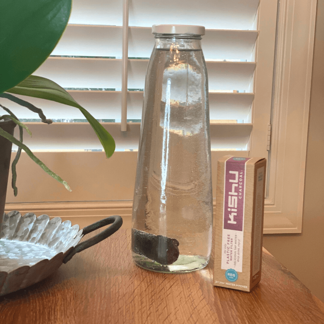 Kishu Charcoal Water Filter in a glass bottle filled with water on a wooden table next to a plant
