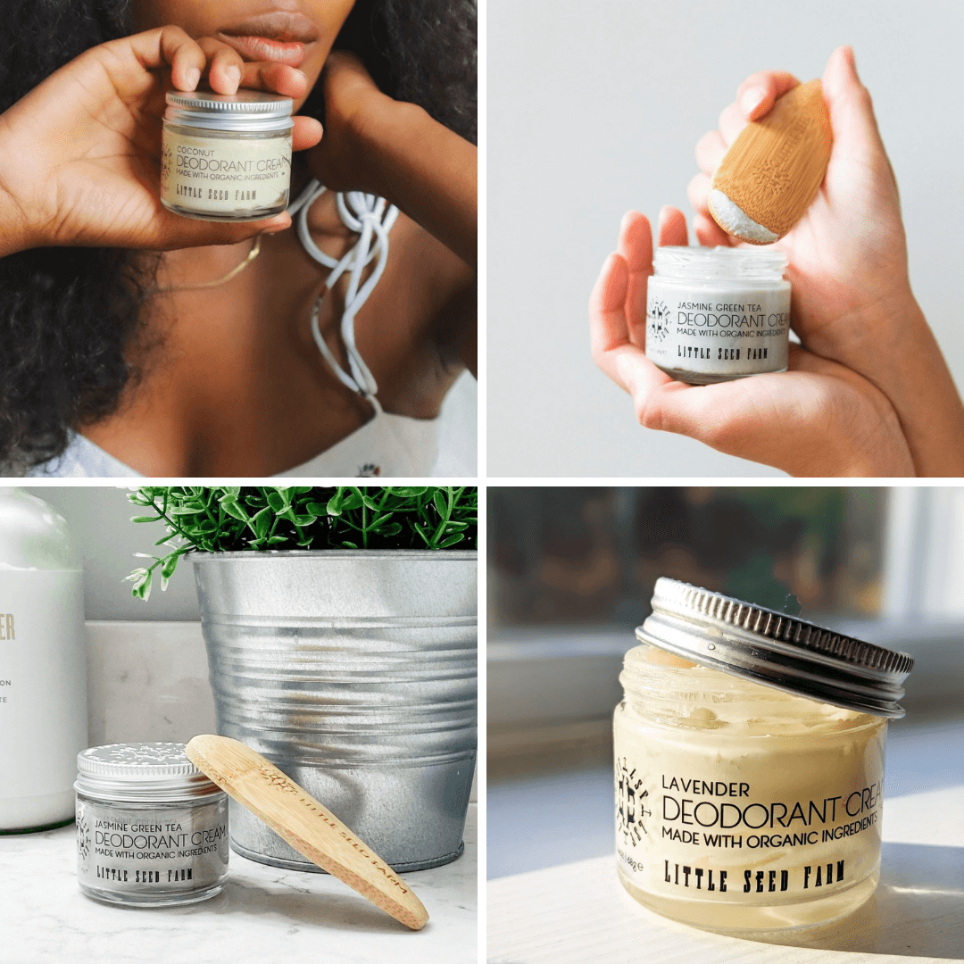 A collage of images showing a deodorant cream jar with different scents, including activated charcoal, blue lotus, grapefruit lemon, jasmine green tea, lavender, and rosemary patchouli. The jars are labeled and shown being held by individuals, set against various backgrounds.