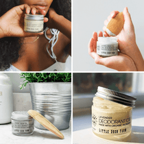 A collage of images showing a deodorant cream jar with different scents, including activated charcoal, blue lotus, grapefruit lemon, jasmine green tea, lavender, and rosemary patchouli. The jars are labeled and shown being held by individuals, set against various backgrounds.