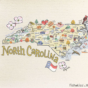 A colorful illustration of a Swedish cloth with a map of North Carolina design, including various household cleaning tasks depicted around the map.