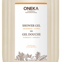 A pail of Oneka brand shower gel with the label indicating the scent is citrus + sage and the product is certified Ecocert.