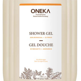 A pail of Oneka brand shower gel with the label indicating the scent is citrus + sage and the product is certified Ecocert.