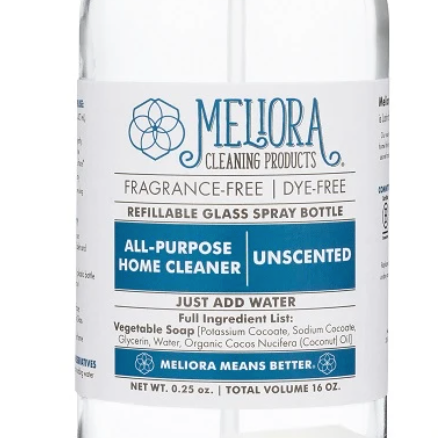 A clear glass spray bottle labeled as All-Purpose Home Cleaner with a blue and white design indicating it is eco-friendly and vegan.