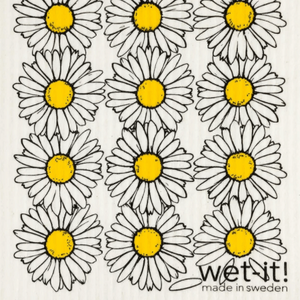 A Swedish cloth with a white floral pattern, predominantly white with yellow centers, and the brand name 'Wet-it!' along with the text 'made in sweden'.