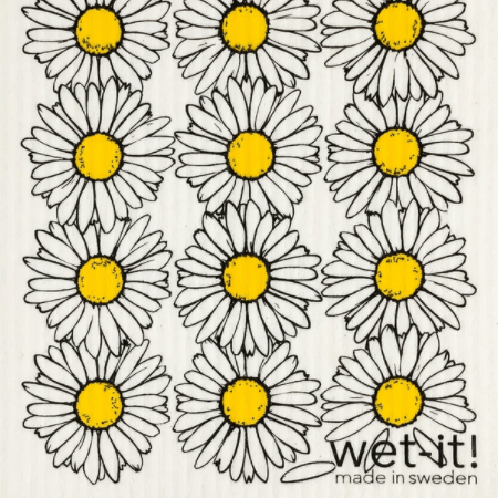 A Swedish cloth with a white floral pattern, predominantly white with yellow centers, and the brand name 'Wet-it!' along with the text 'made in sweden'.