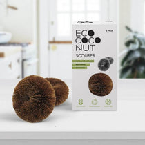 Eco Coconut Scourer packaging with two scourers on a white surface.